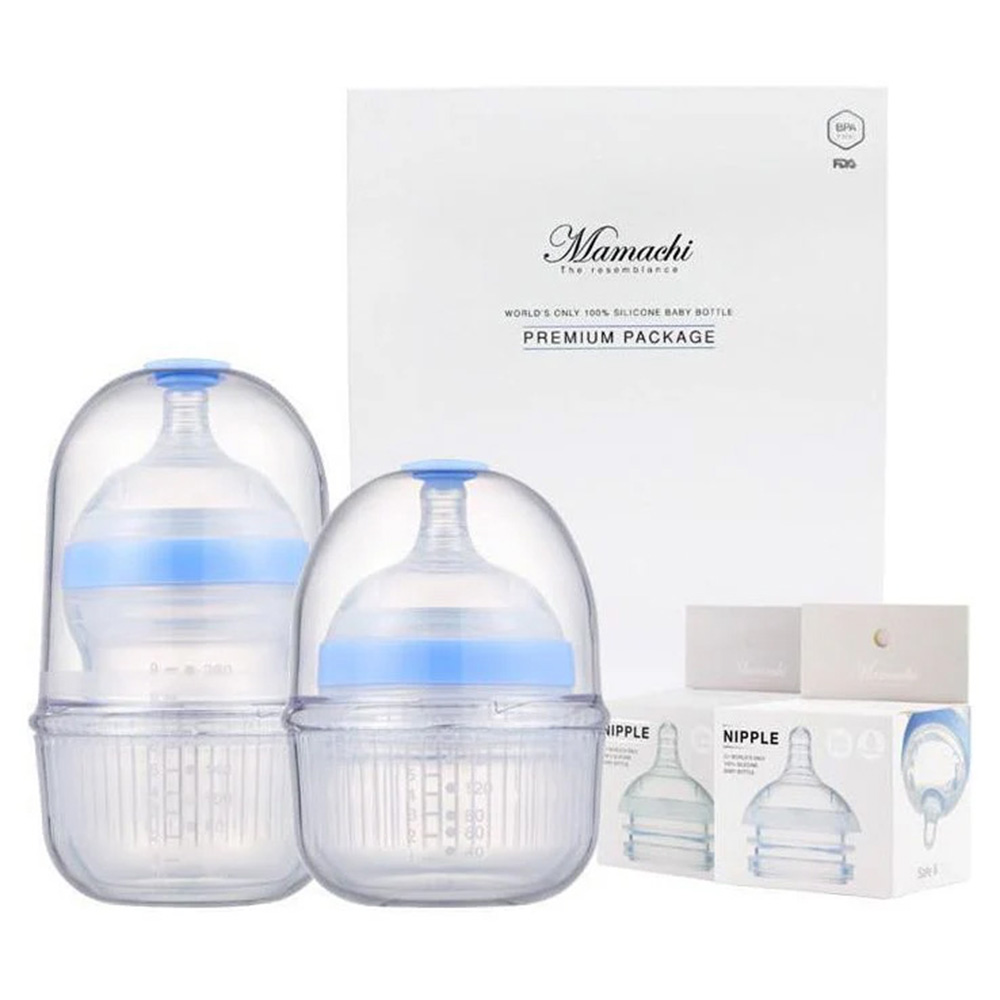 Mamachi - Silicone Baby Bottle With Outdoor Carrier & Nipples - Blue - 8 Pcs