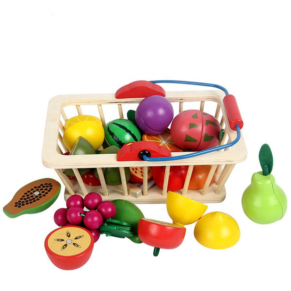 Little Angel Kids Wooden Toy Fruits & Vegetables In Basket Set