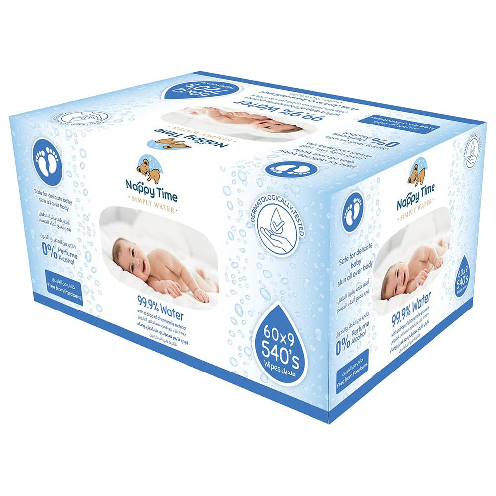 Nappy Time Baby Wipes 99.9% Pure Water With Chamomile - Pack of 9 - 540 Wipes
