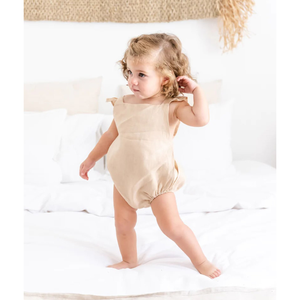 Maxims - Organic Linen Ruffled Back Onesie - Beige