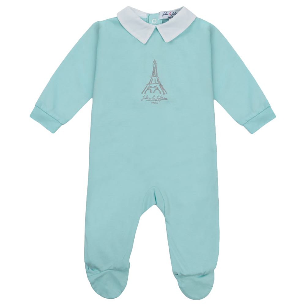 Jules & Juliette - Paris Baby Embroidered Footed Sleepsuit - Turquoise