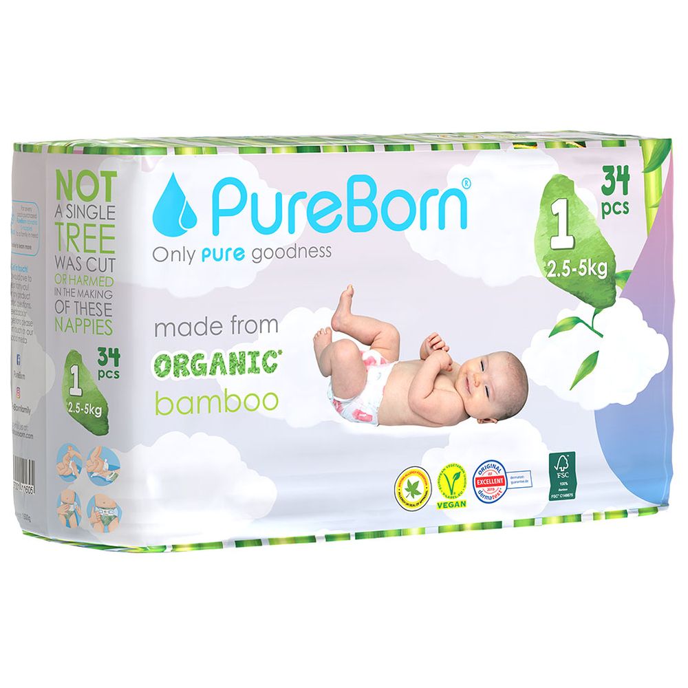 Pureborn Single Pack Nappies Size 1 - 2.5-5kg - 34pcs - Design May Vary
