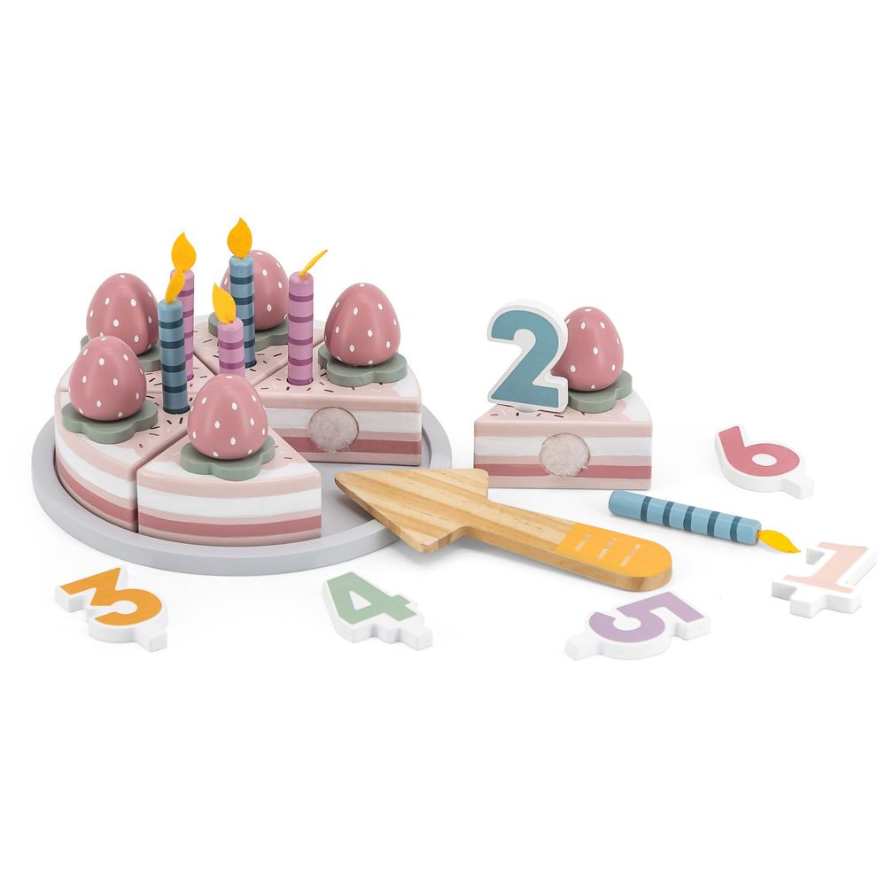 Viga - Wooden Birthday Cake Set - 6 Slice Roleplay Cake Number Blocks Candles
