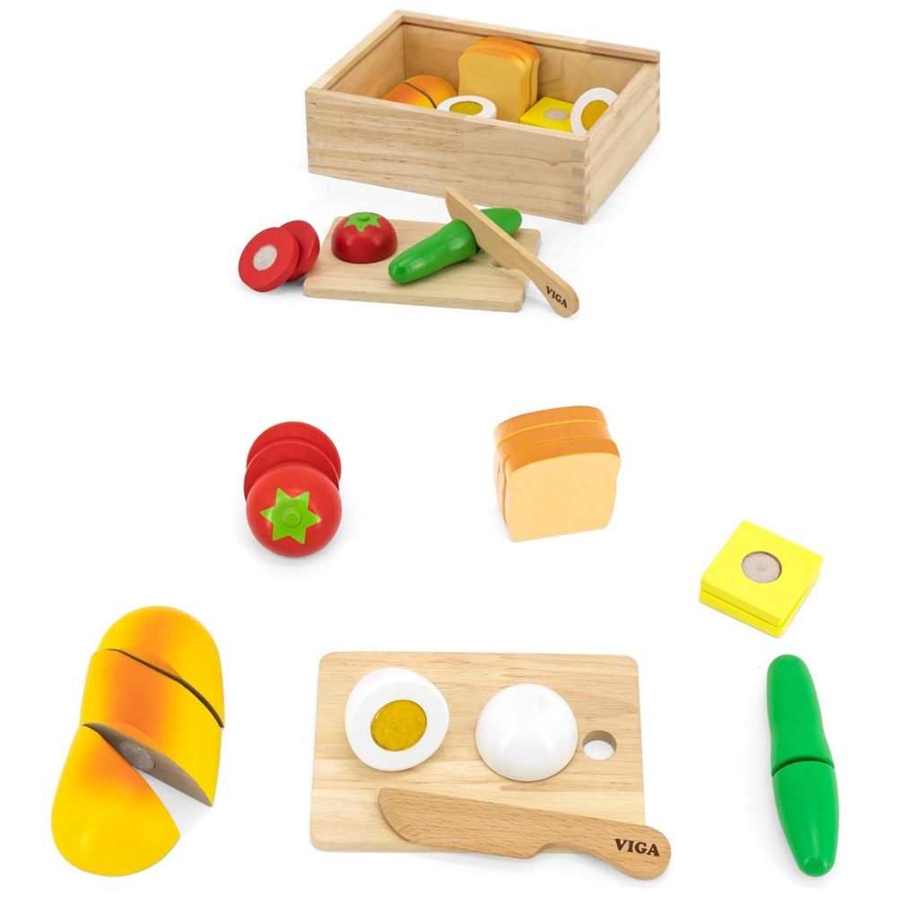 فيجا - مجموعة تقطيع خشبية لتحضير وجبة الإفطار، لعبة صنع الساندويتشات مع قطع طعام لاصقة