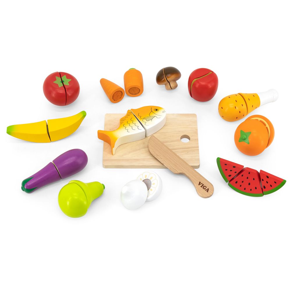 Viga - Little Chef Cutting Kit Wooden Pretend Play Food Set - Knife Cutting Board Fruits Veg