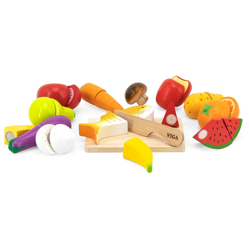Viga - Little Chef Cutting Kit Wooden Pretend Play Food Set - Knife Cutting Board Fruits Veg