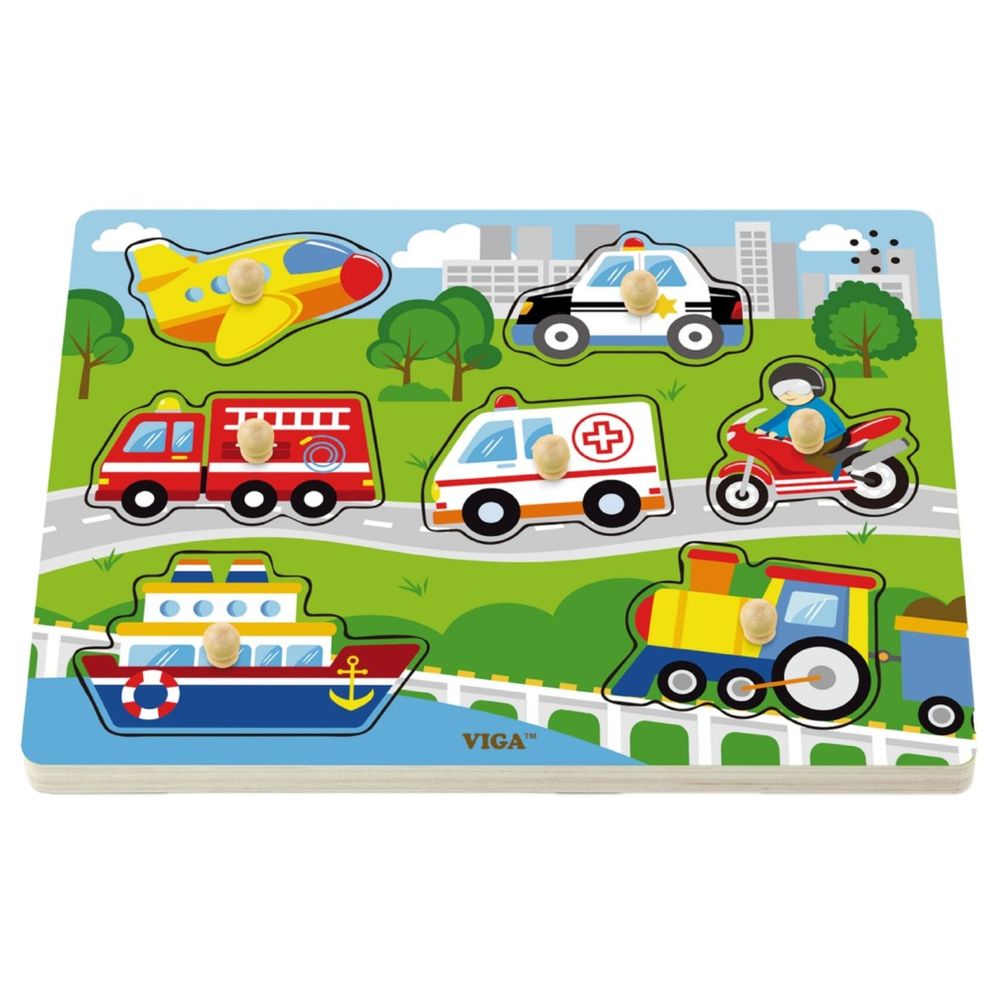 Viga - Transportation Block Puzzle with Sound - 7pcs - Montessori Wooden Toy