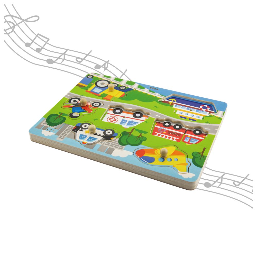 Viga - Transportation Block Puzzle with Sound - 7pcs - Montessori Wooden Toy