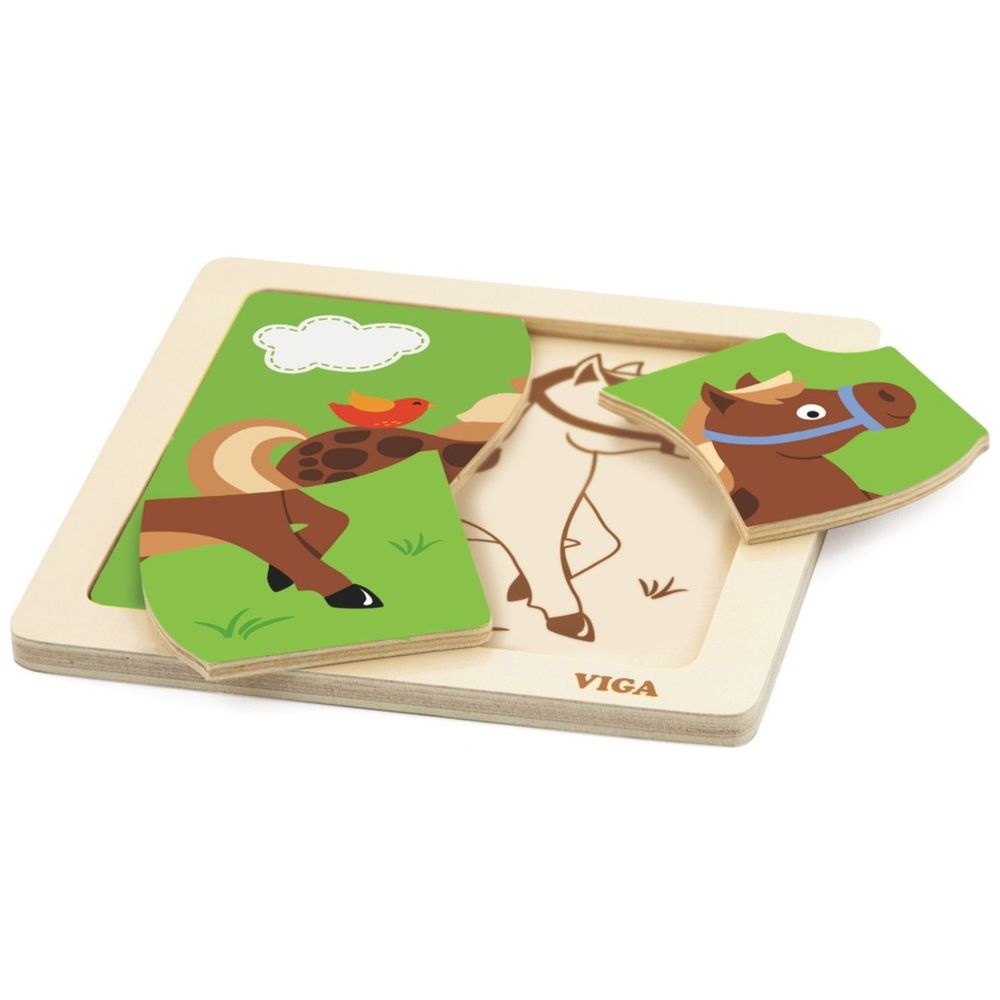 Viga - Horse - 4pcs Block Puzzle Montessori Wooden Toy Develops Sensory Cognitive & Fine Motor Skills