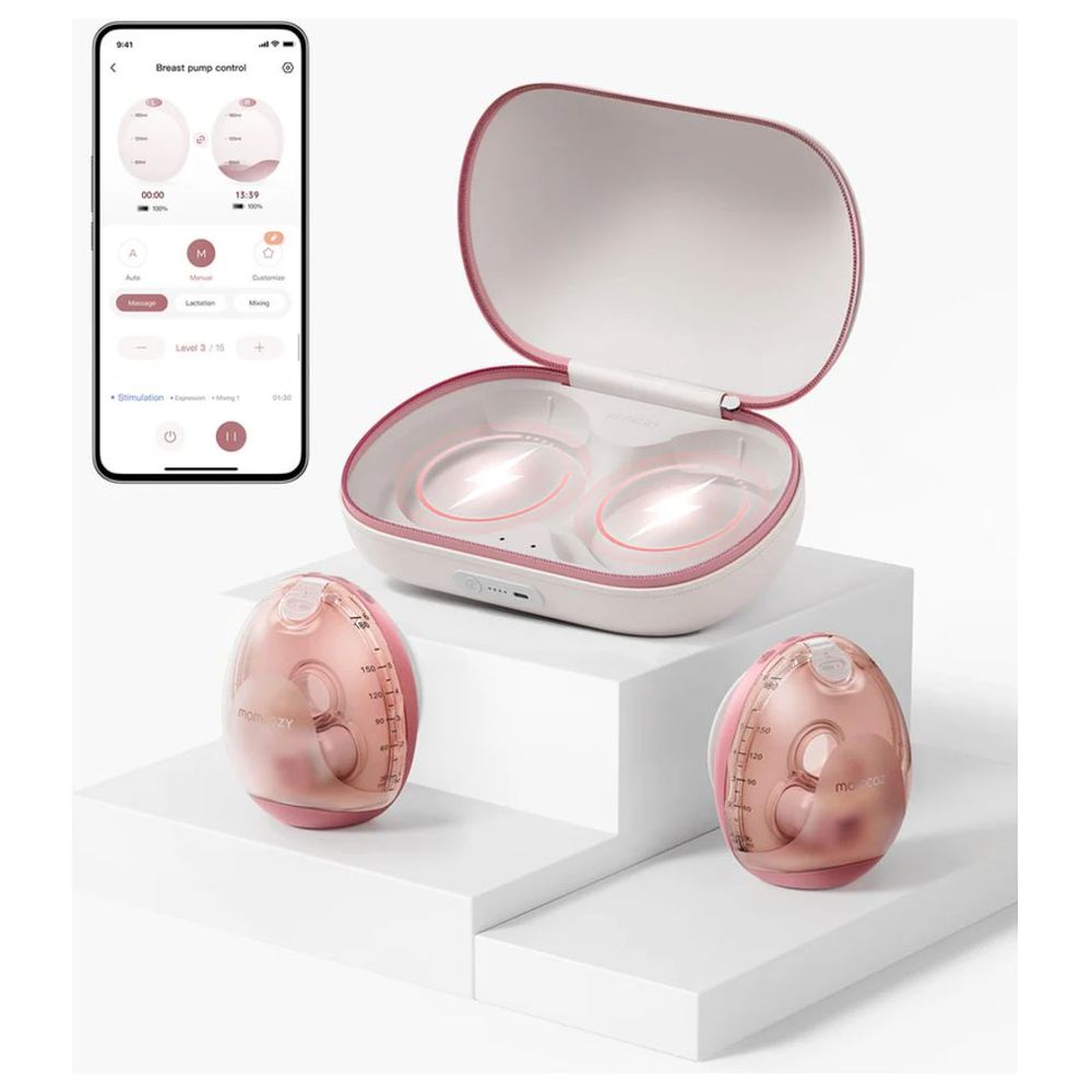 مضخة الثدي اللاسلكية Momcozy Air 1 مزدوجة اليدين، فائقة النحافة، قابلة للشحن اللاسلكي، لون أحمر مريح