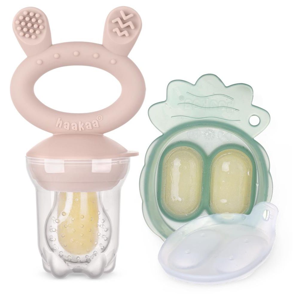 هاكا - مجموعة تجميد وتغذية الطعام الطازج، تتضمن عضاضة وصينية للمضغ - لون وردي فاتح - قطعتان