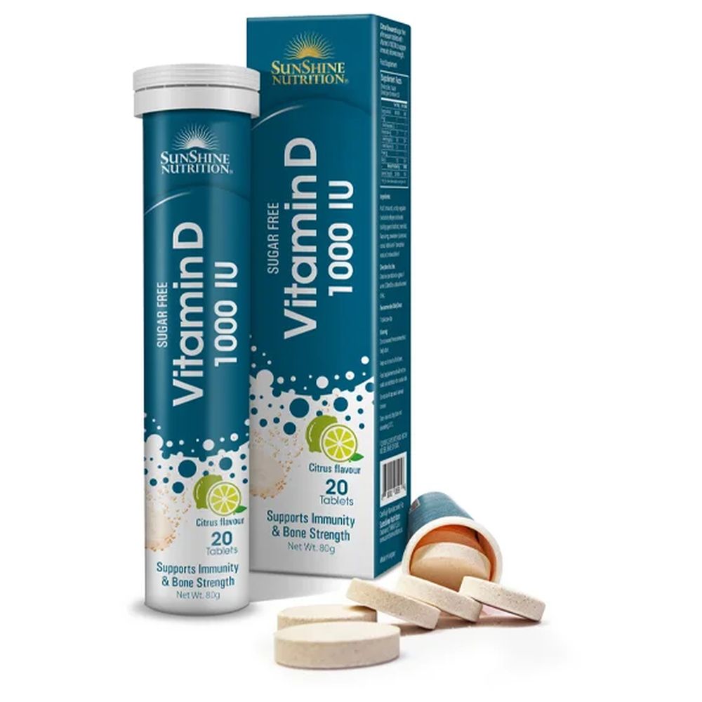 صن شاين نوترشن – حبوب فوارة فيتامين د 1000 وحدة دولية بنكهة الحمضيات – 20 حبة