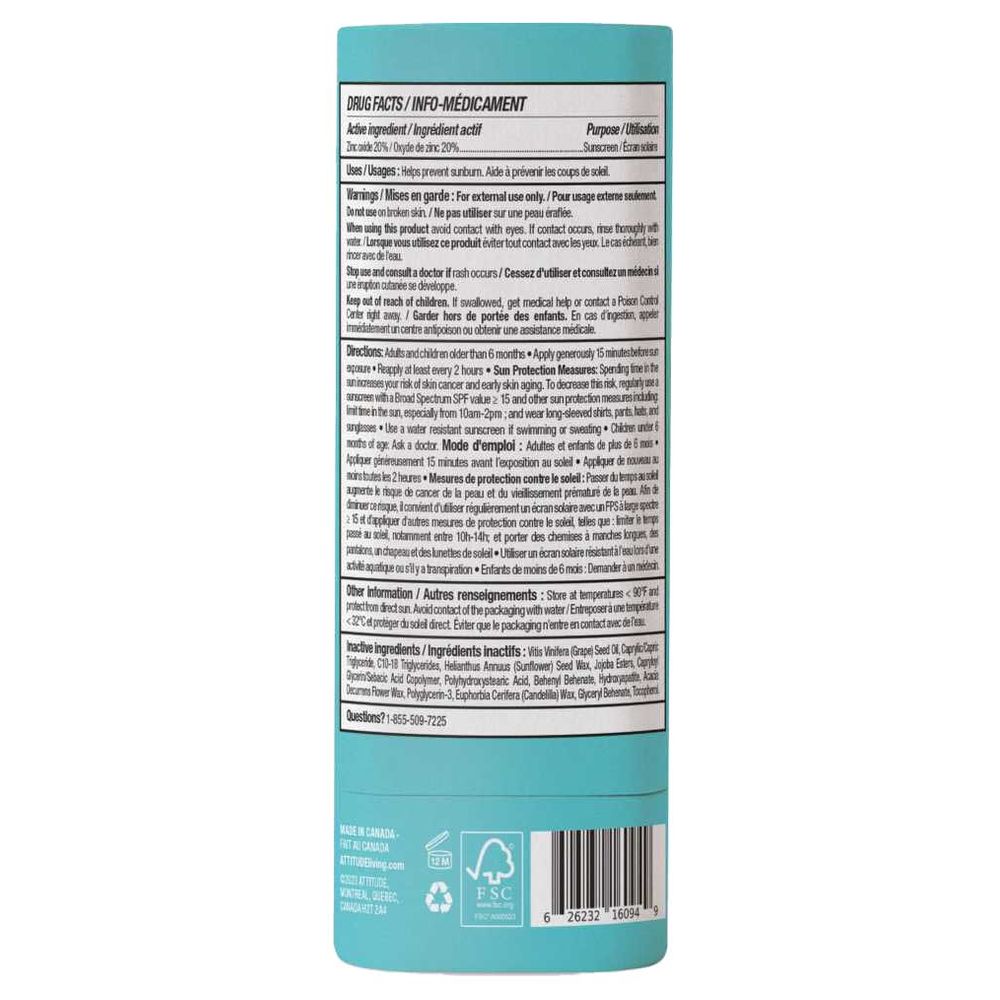 Attitude - Sunscreen Face Stick w/ SPF 30 - Unscented - 20 gm