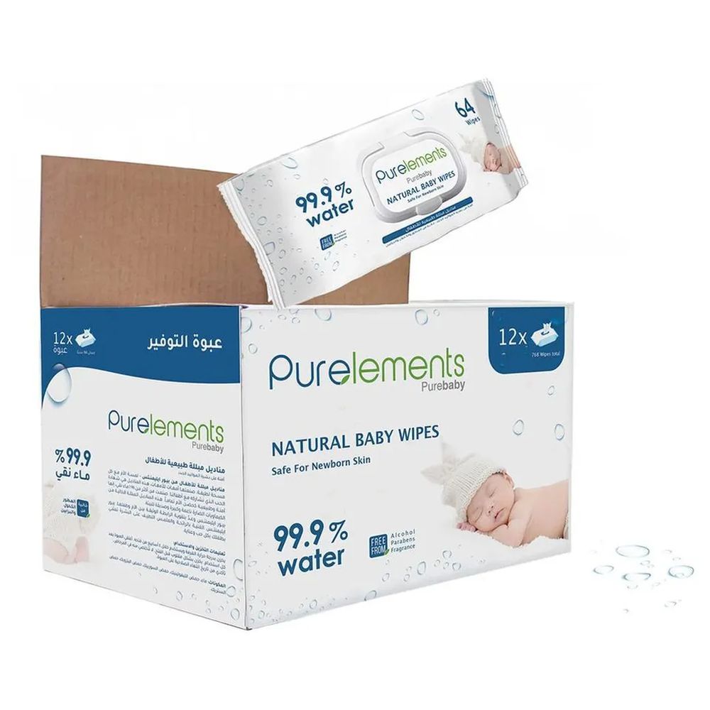 Purelements Natural 99.9% Water Wipes - Pack of 12 - 768pcs
