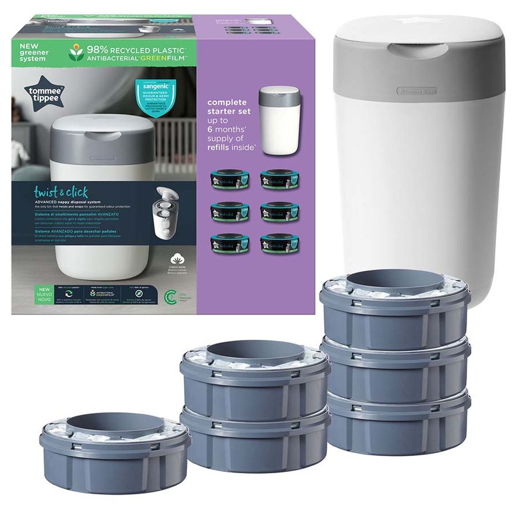 Tommee Tippee Twist and Click Advanced Nappy Bin Starter Set with 6x Refill Cassettes - White