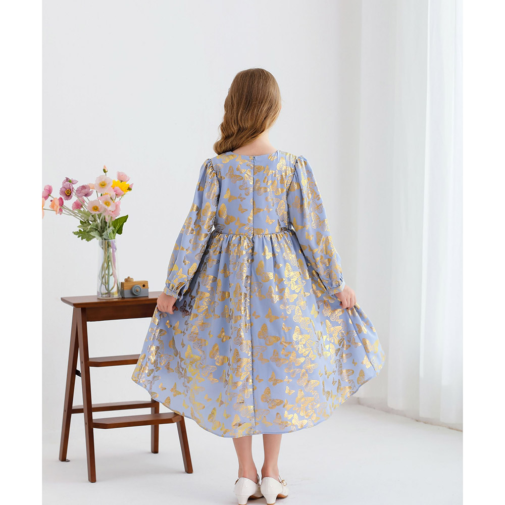 لي كريستال - فستان حفلات بأكمام طويلة ورقبة مربعة للفتيات - أزرق