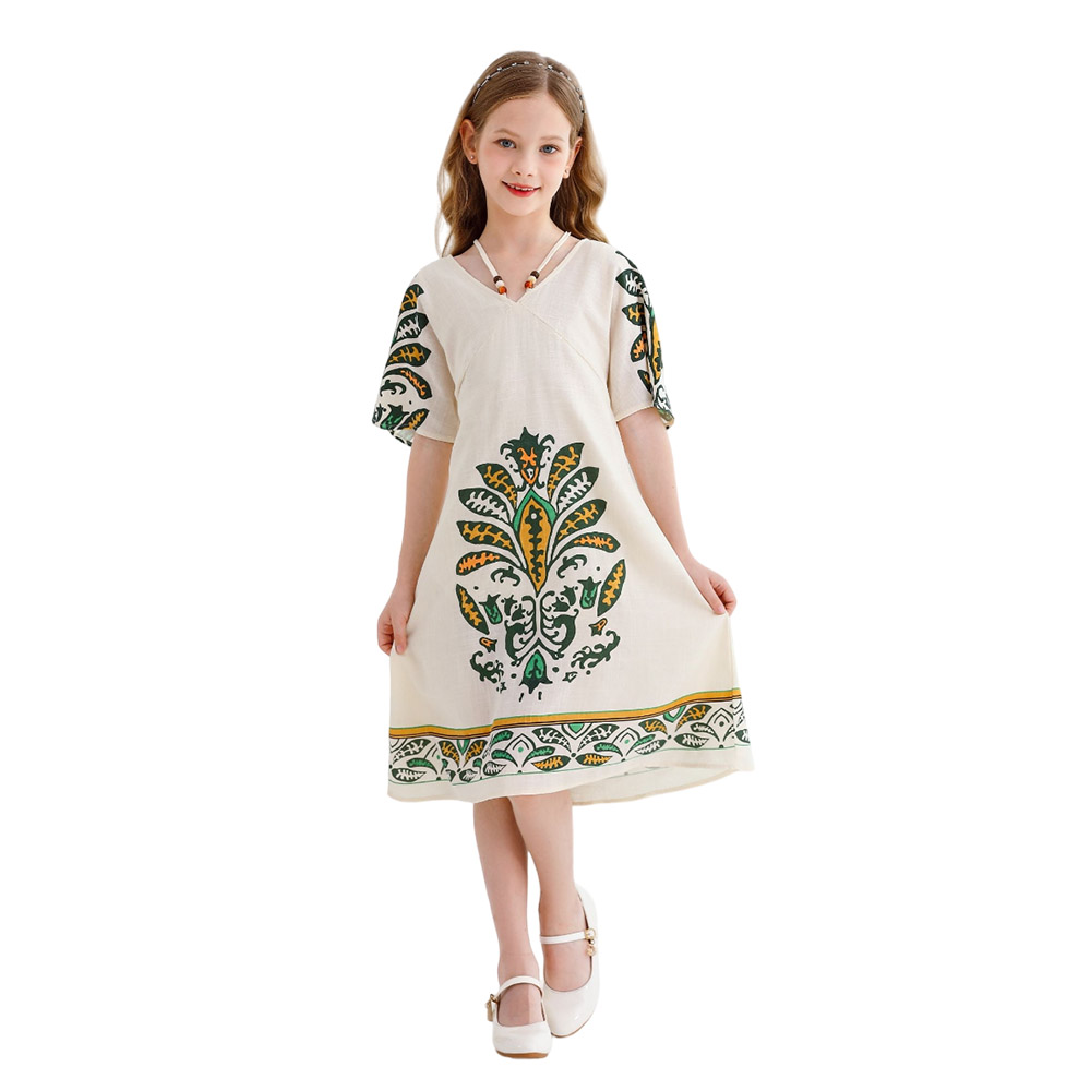 لي كريستال - فستان بناتي نصف كم بياقة سبعة - بيج