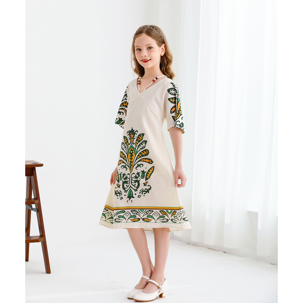 لي كريستال - فستان بناتي نصف كم بياقة سبعة - بيج