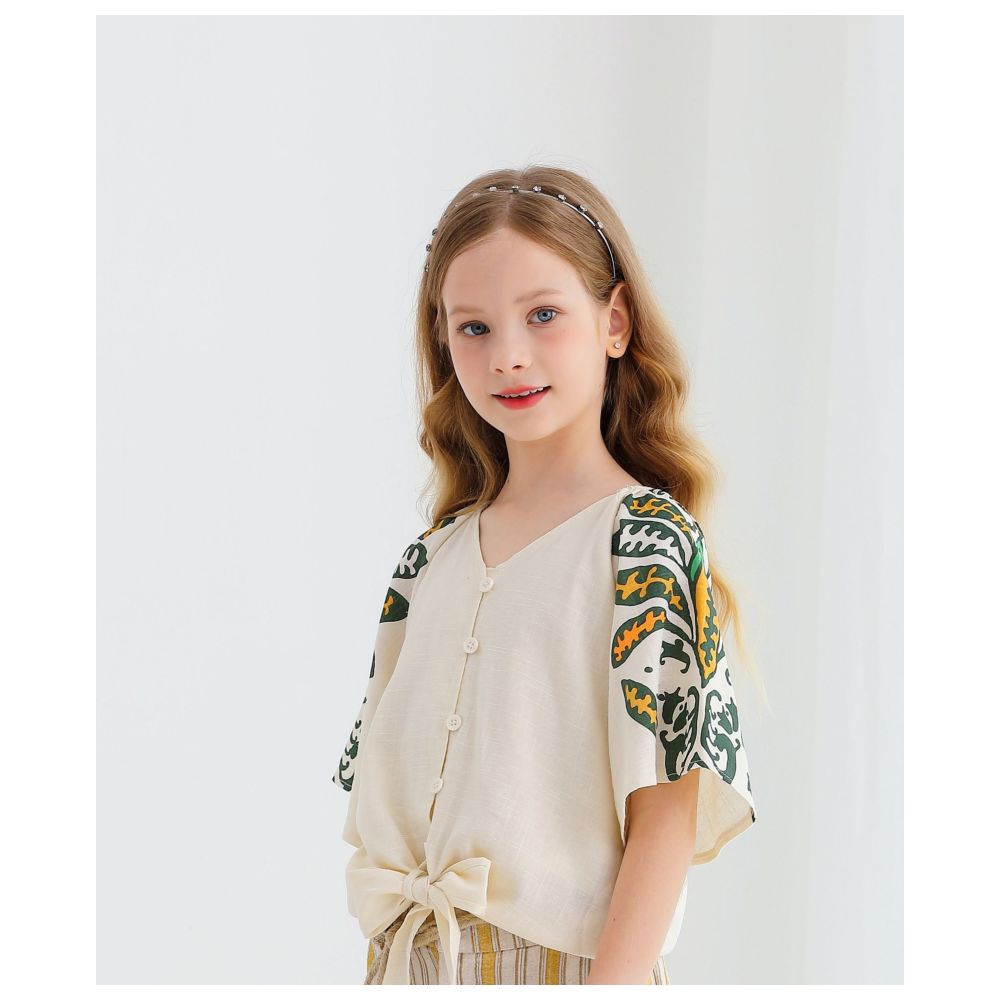 نيكسجين غيرلز - قميص بياقة سبعة وأكمام قصيرة للبنات - بيج