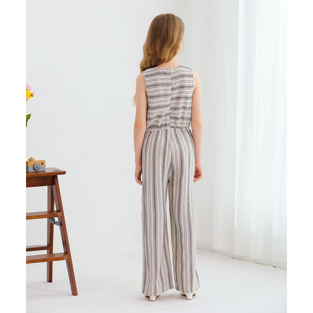 لي كريستال - جمبسوت بناتي بدون أكمام بياقة سبعة - بيج/رمادي