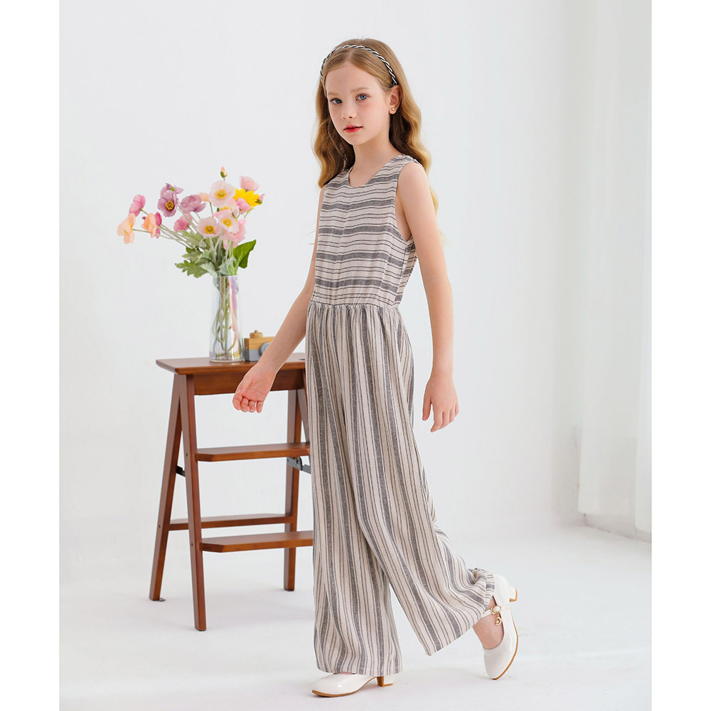 لي كريستال - جمبسوت بناتي بدون أكمام بياقة سبعة - بيج/رمادي