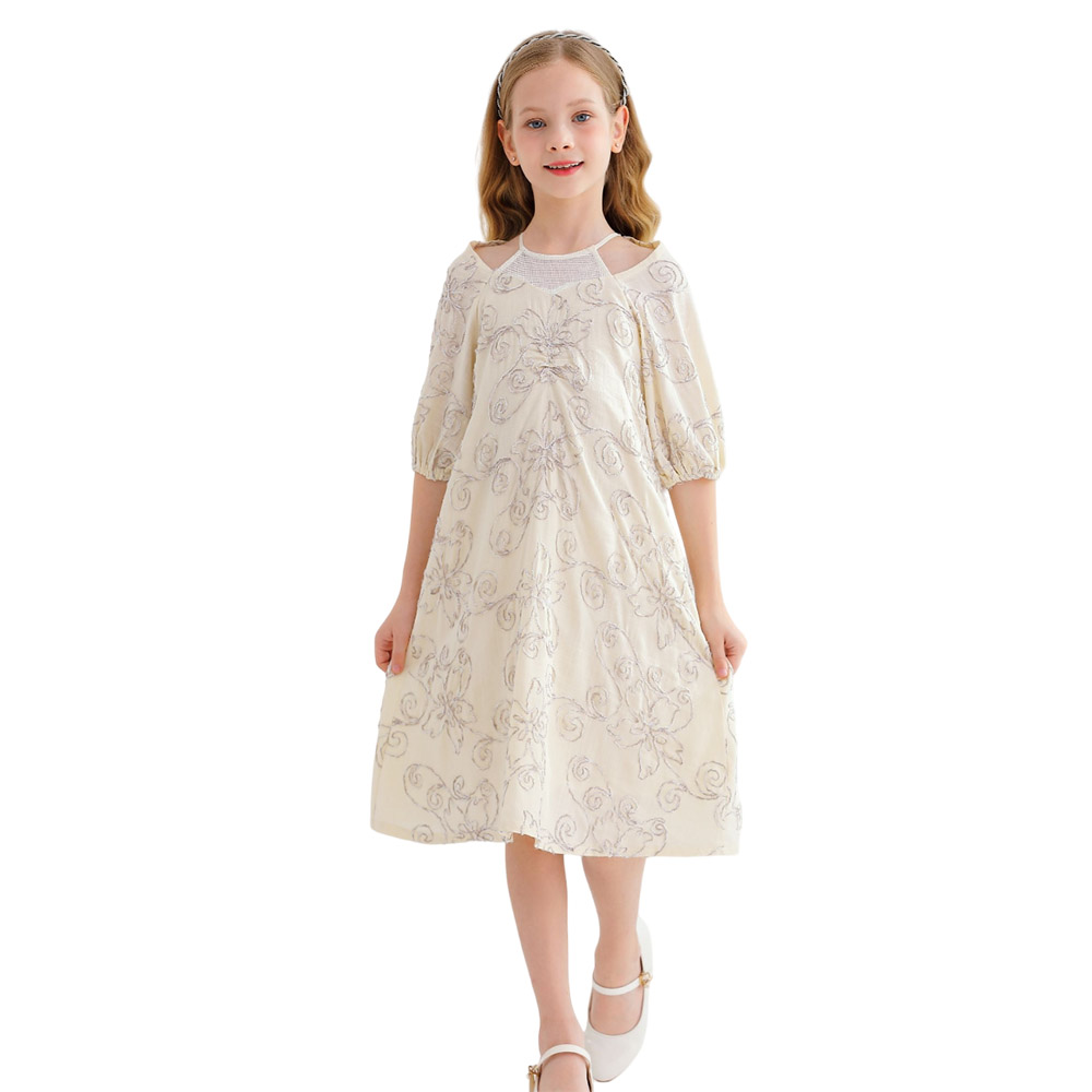 لي كريستال - فستان حفلات نصف كم بياقة سبعة للفتيات - بيج