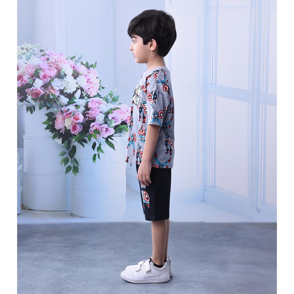 مارفل - طقم قطعتين - تي شيرت كابتن أمريكا بأكمام قصيرة مع شورت - رمادي