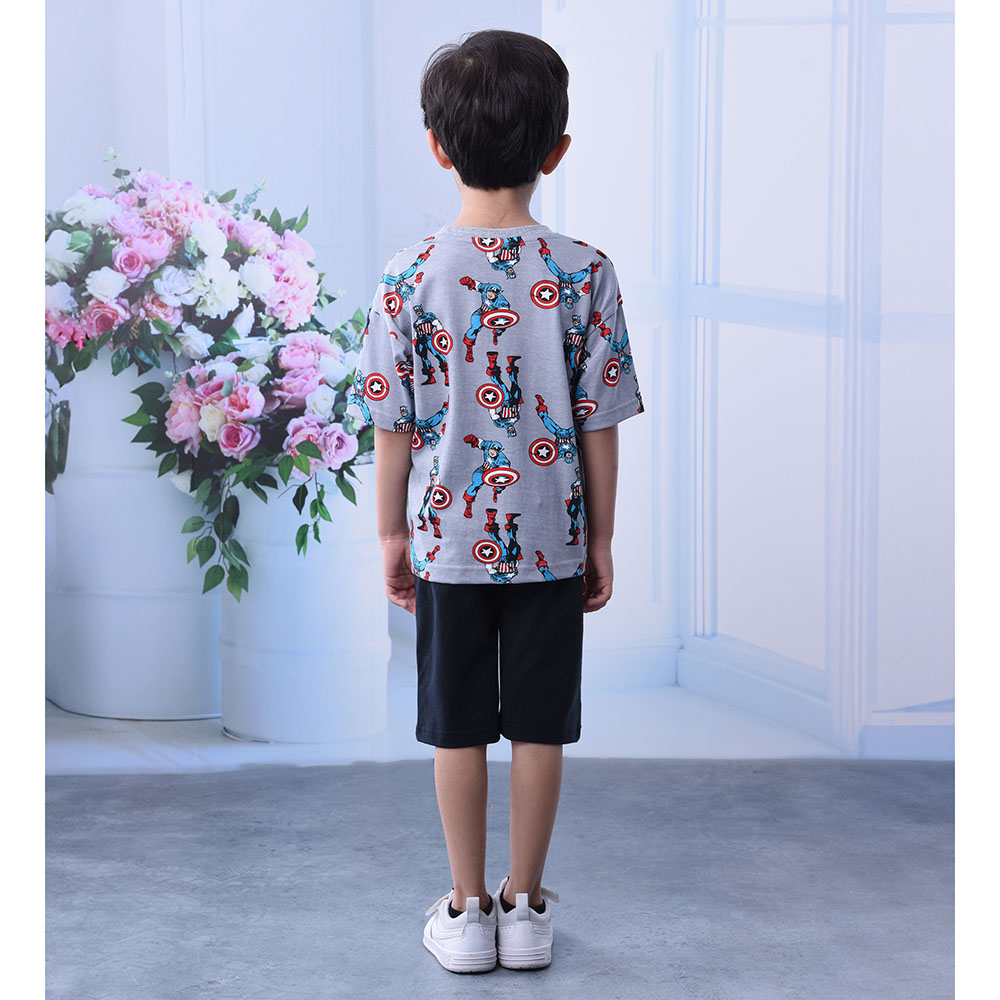 مارفل - طقم قطعتين - تي شيرت كابتن أمريكا بأكمام قصيرة مع شورت - رمادي