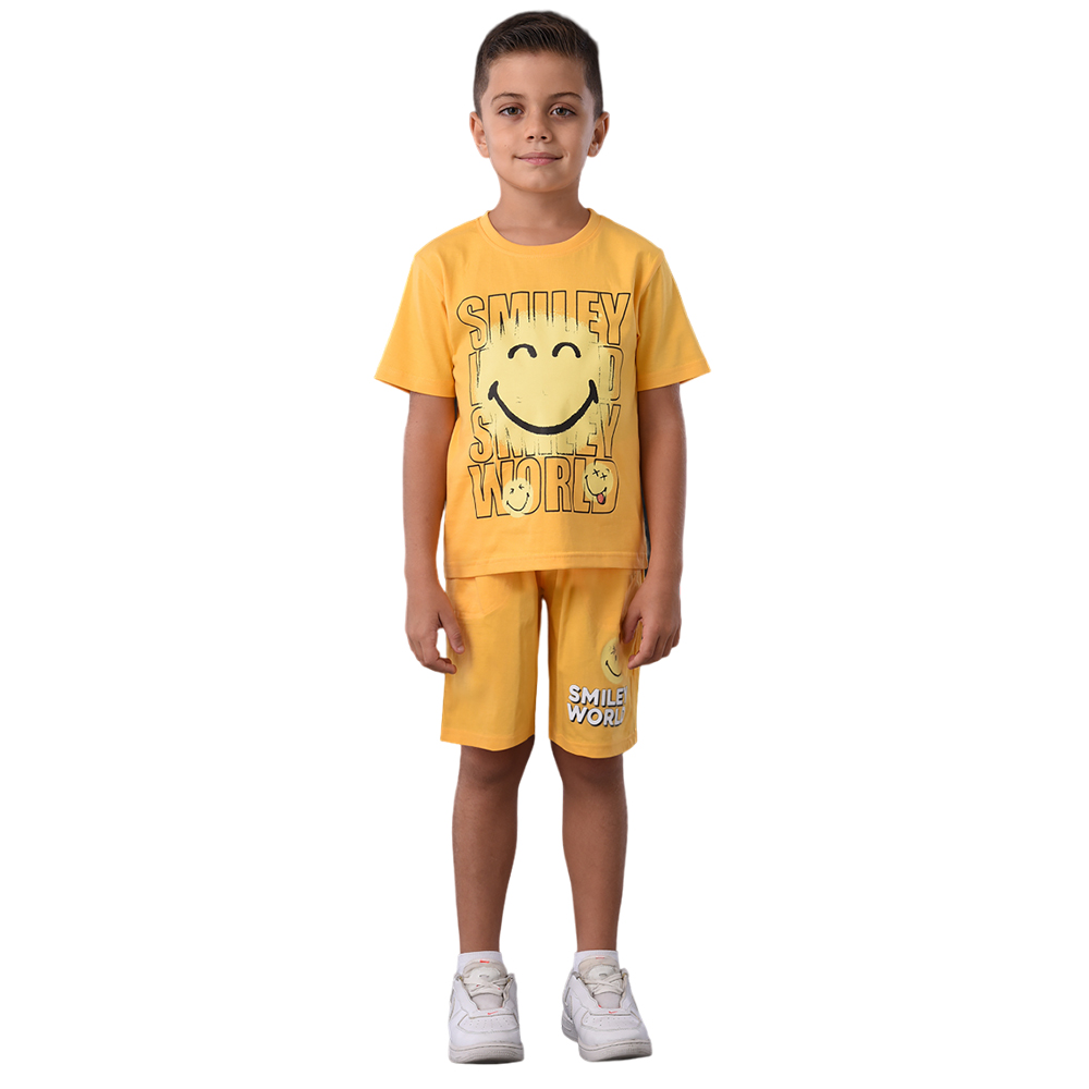 Emoji - 2pc-Set - Boy Smiley Half Sleeve T-Shirt With Shorts - Light Orange