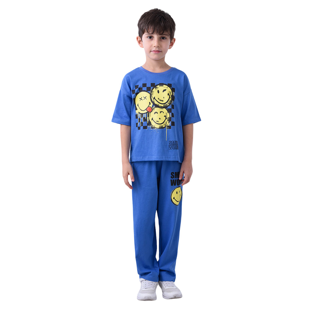 Emoji - 2pc-Set - Smiley Half Sleeve T-Shirt With Pyjama - Blue