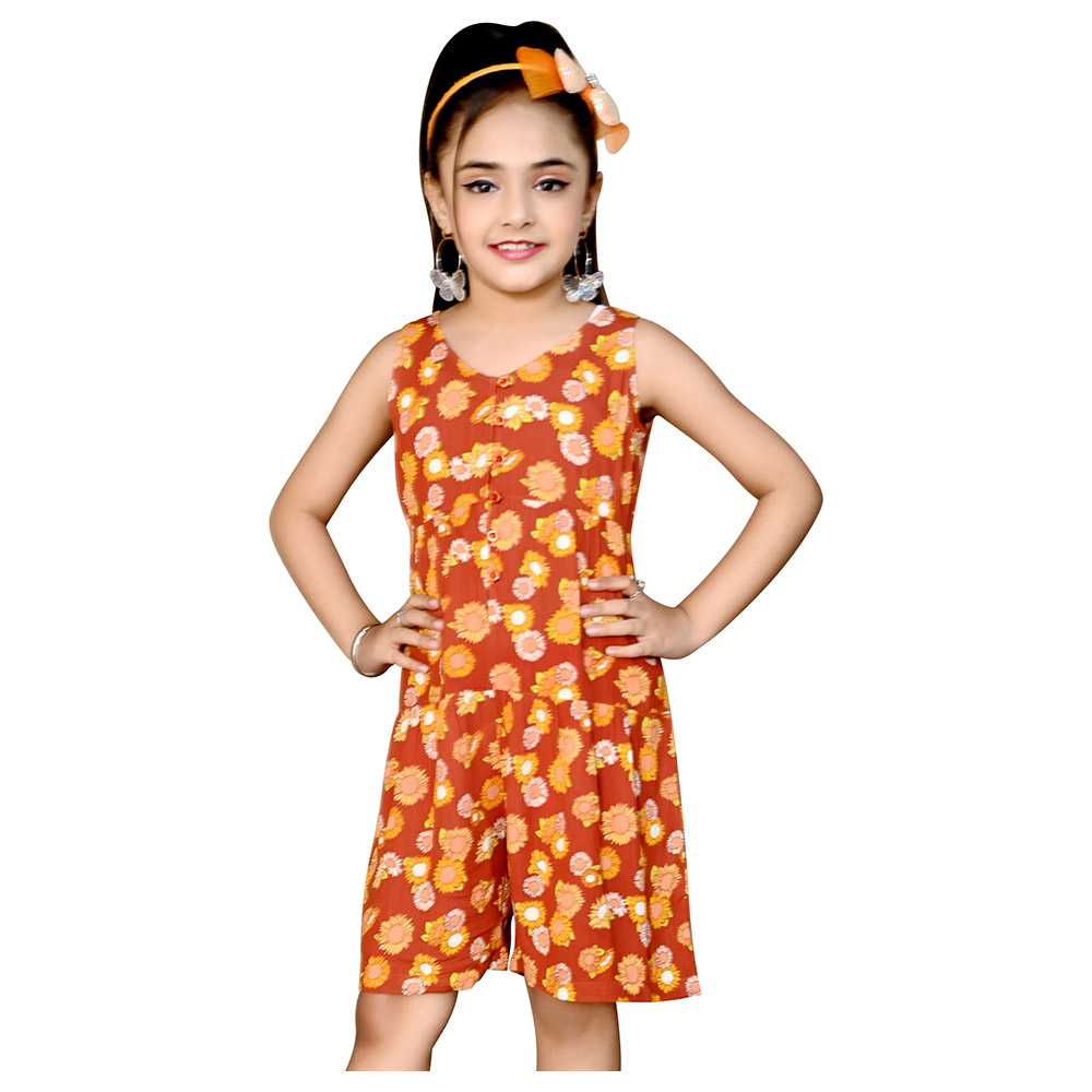 Flower Girl - Girl's Printed Playsuit - Brown