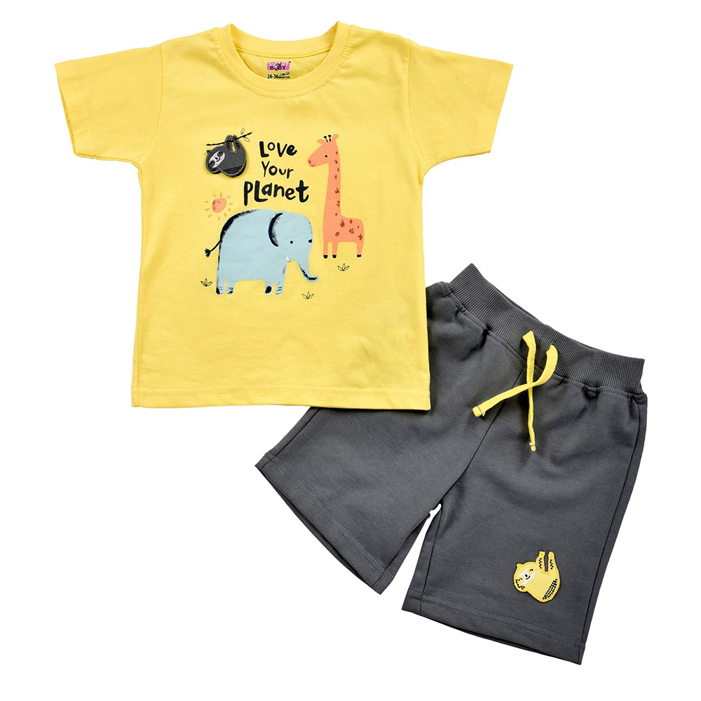 Smart Baby - 2pc-Set - Animal Print T-Shirt With Bermuda Shorts - YelloWithKhaki