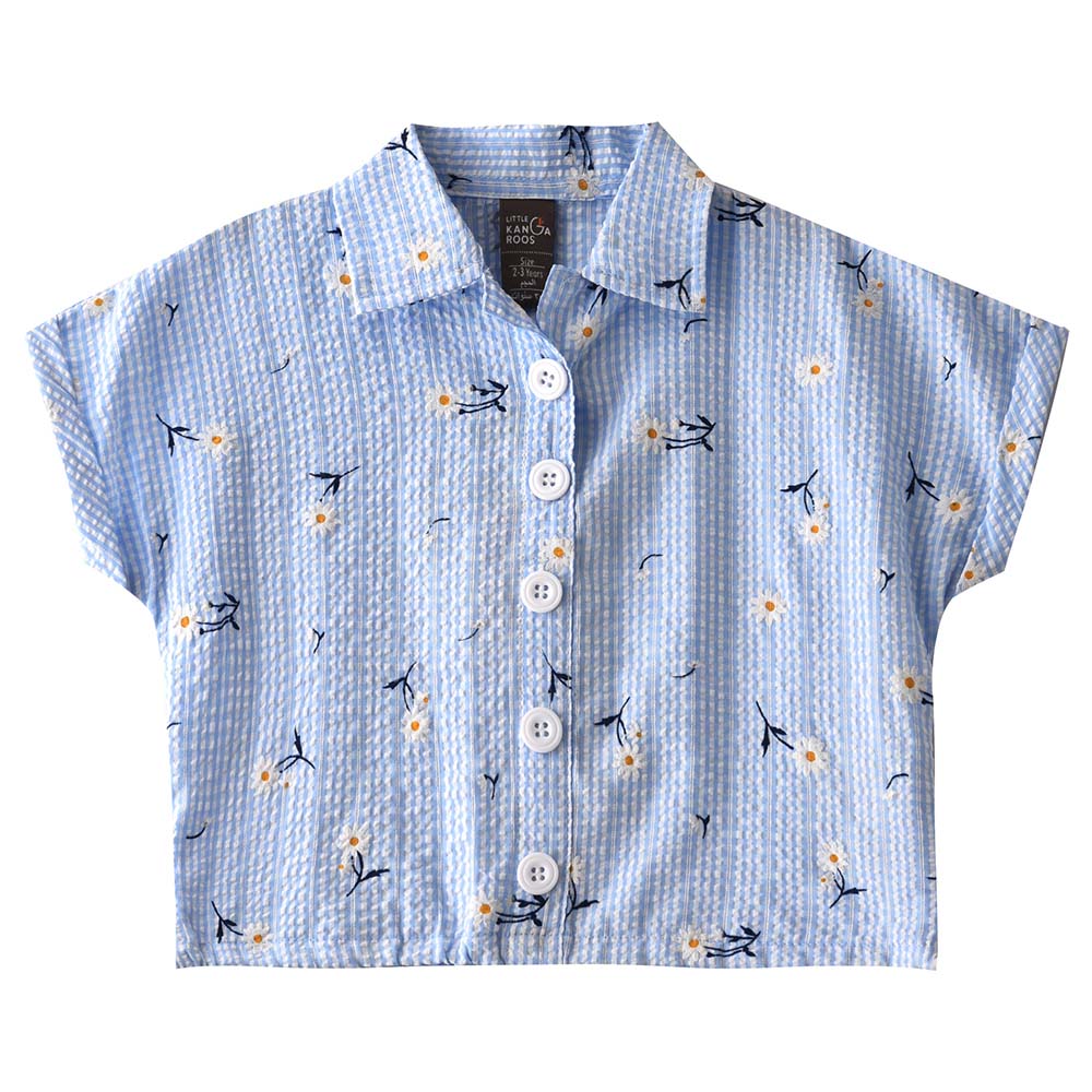 بلوزة مطبوعة بأكمام مطوية وياقة للبنات من لتل كانجاروز - أزرق