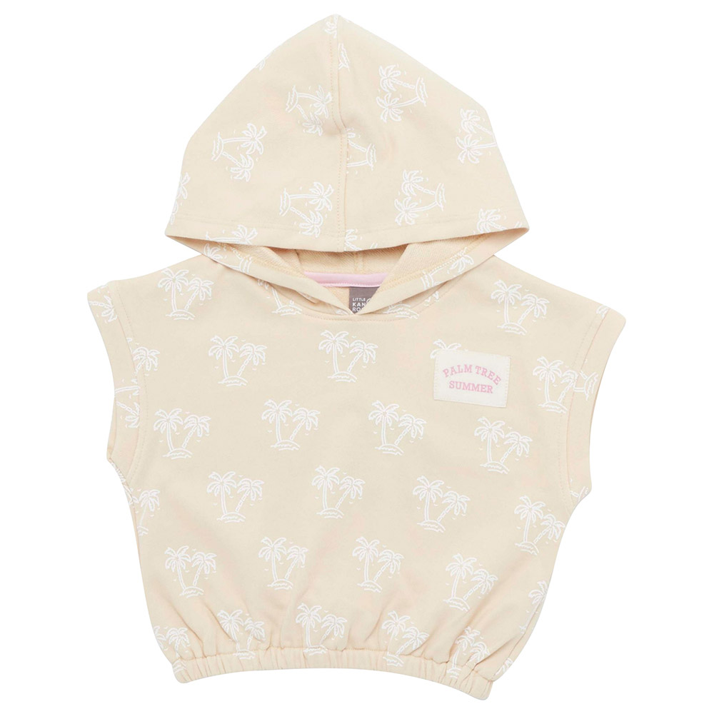 تيشيرت بقبعة بدون أكمام بطبعة استوائية للبنات من لتل كانجاروز - بني فاتح