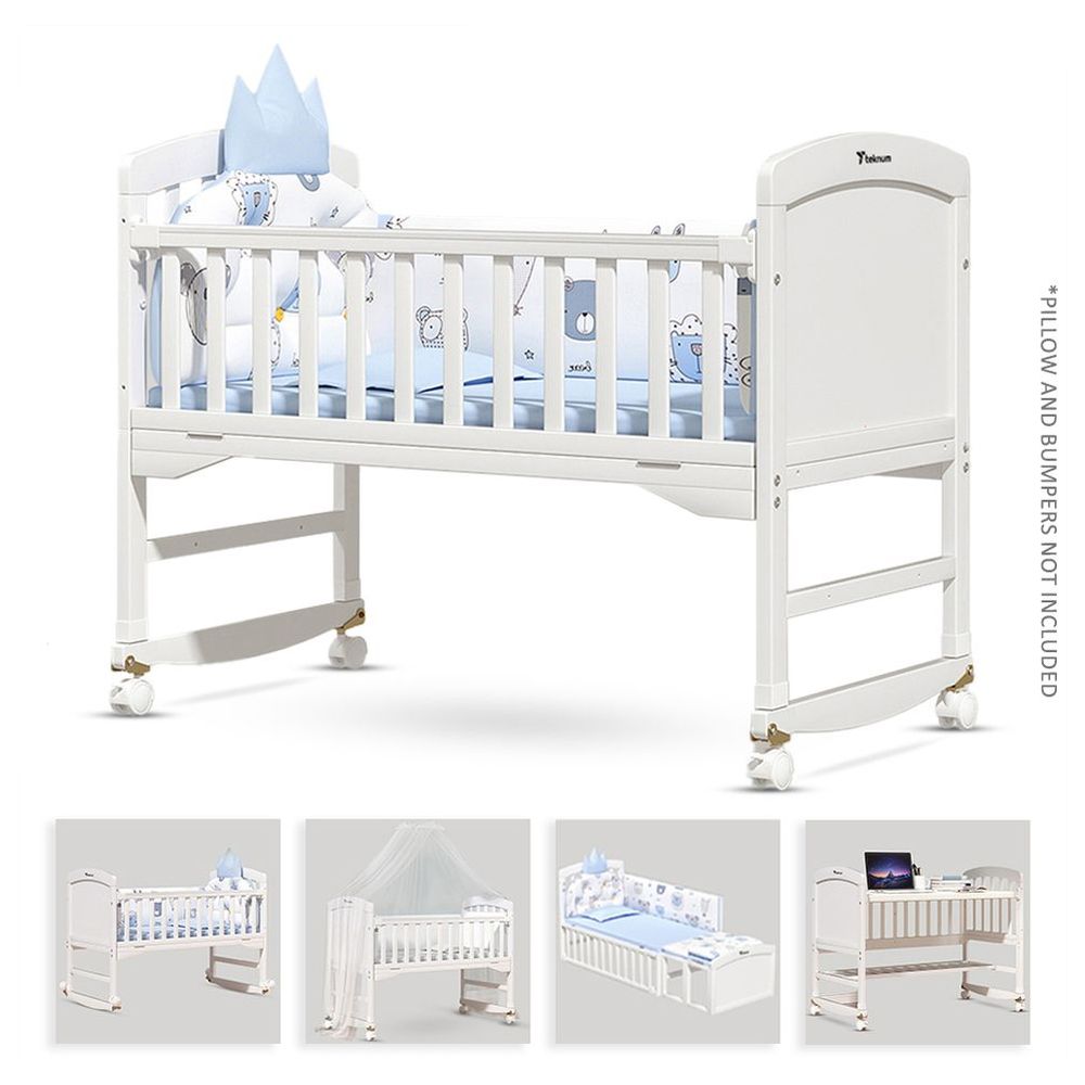 Teknum 7-in-1 Convertible Kids Bed & Bedside Crib with Mattress, Mosquito net & Detachable Wheels White