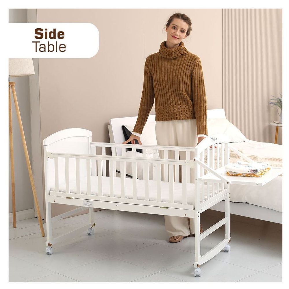 Teknum 7-in-1 Convertible Kids Bed & Bedside Crib with Mattress, Mosquito net & Detachable Wheels White