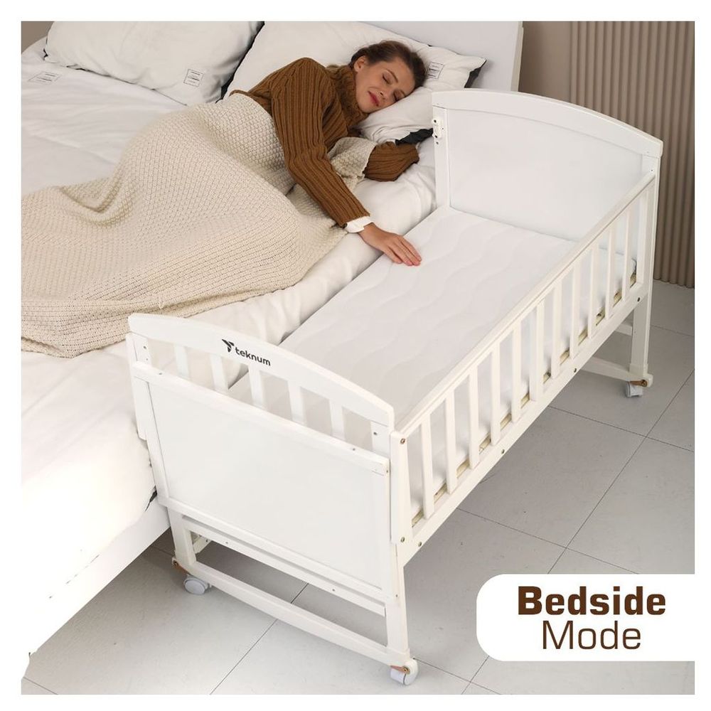 Teknum 7-in-1 Convertible Kids Bed & Bedside Crib with Mattress, Mosquito net & Detachable Wheels White