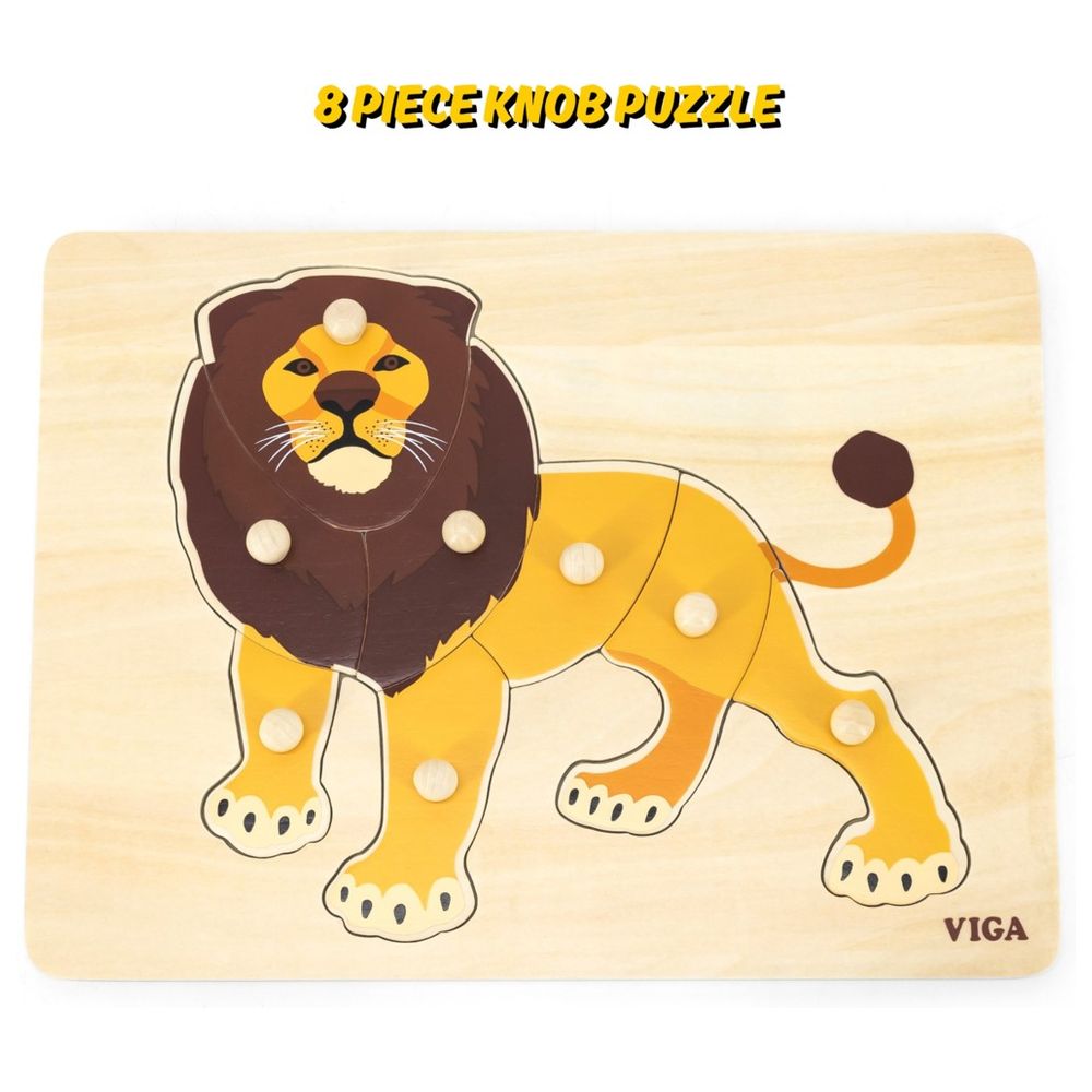 فيجا - أحجية مقابض على شكل أسد وحيوانات برية - 8 قطع - لعبة خشبية مونتيسوري