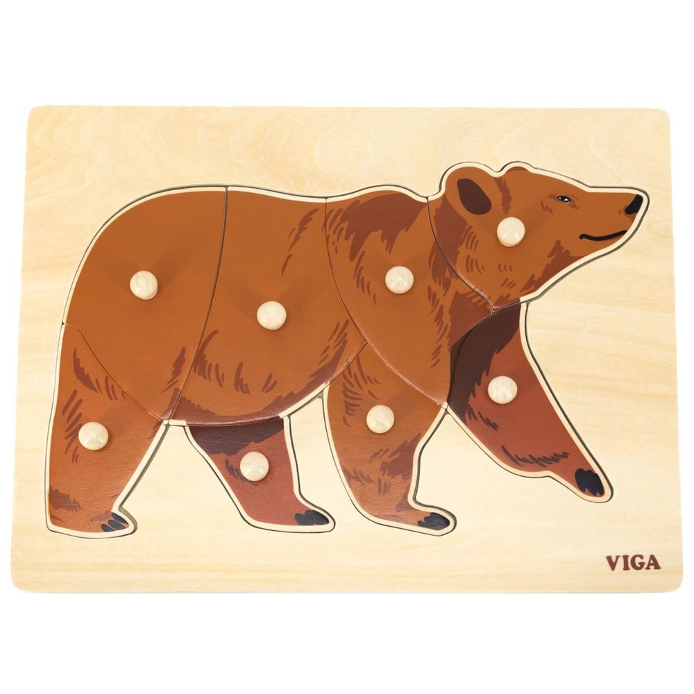 Viga - Bear Wild Animals Knob Puzzle Montessori Wooden Toy Develops Skills - 8pcs
