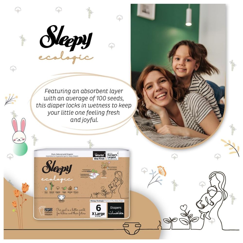 سليبي - حفاضات صديقة للبيئة فاخرة بشريط لاصق - حجم 6 - 15-27 كلغ - 32 حفاض