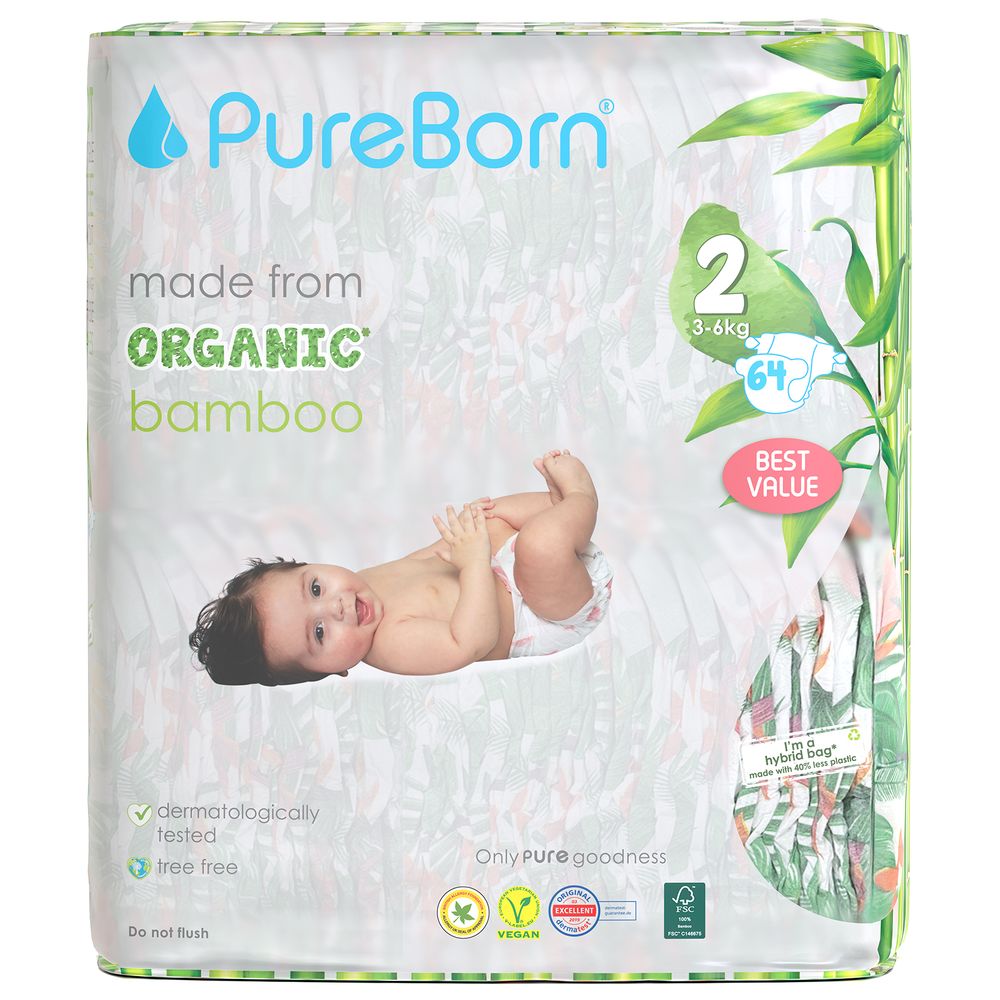 Pureborn Size 2 Value Pack 3-6Kg 64pcs Design May Vary