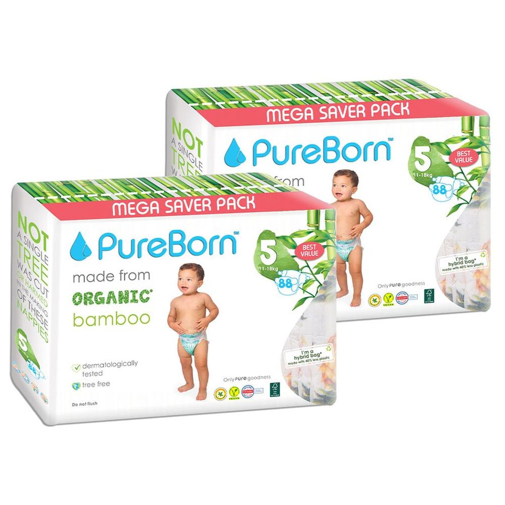 Pureborn Size 5 Master Pack 11-18kg Nappy 88's Pack of 2 - Design May Vary
