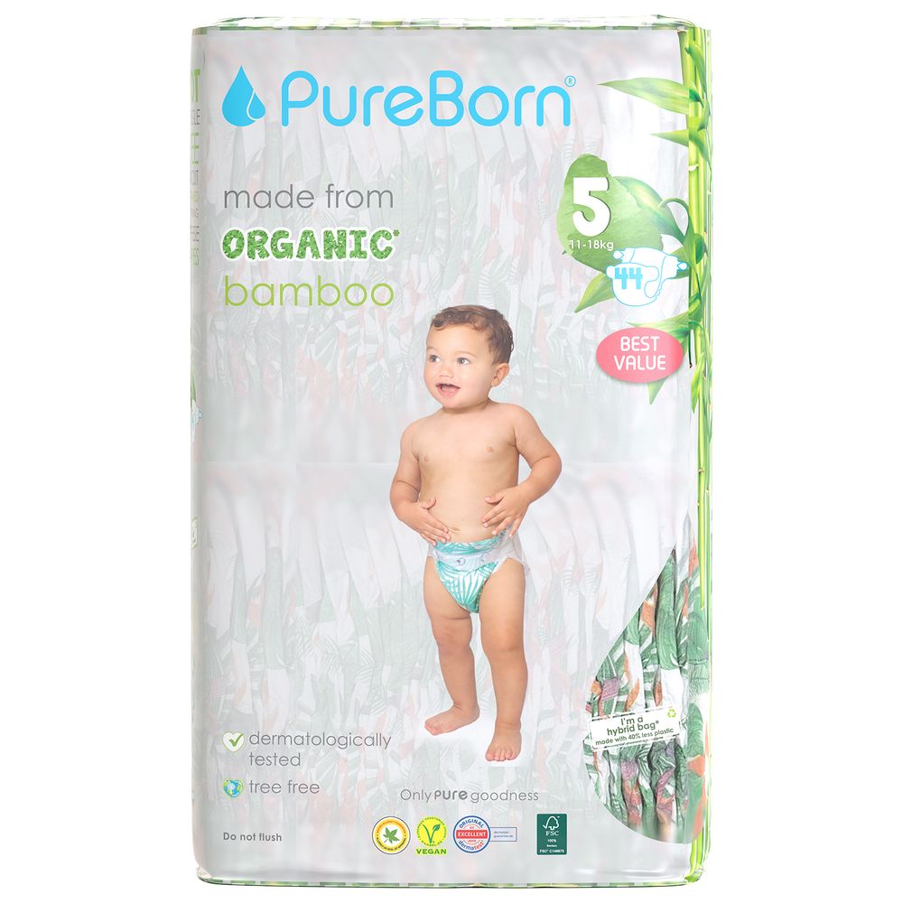 Pureborn Value Pack Nappies 11-18kg Size 5 - 44pcs - Tropic 