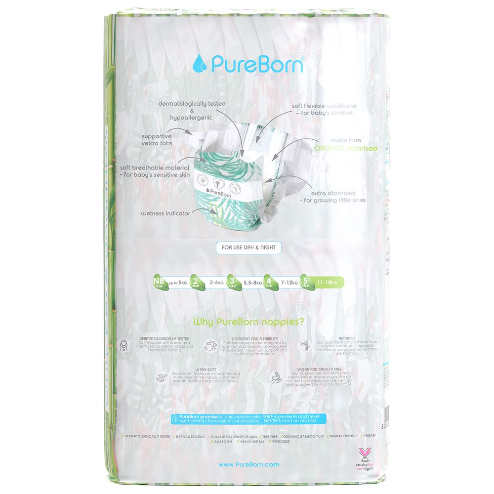 Pureborn Value Pack Nappies 11-18kg Size 5 - 44pcs - Tropic 