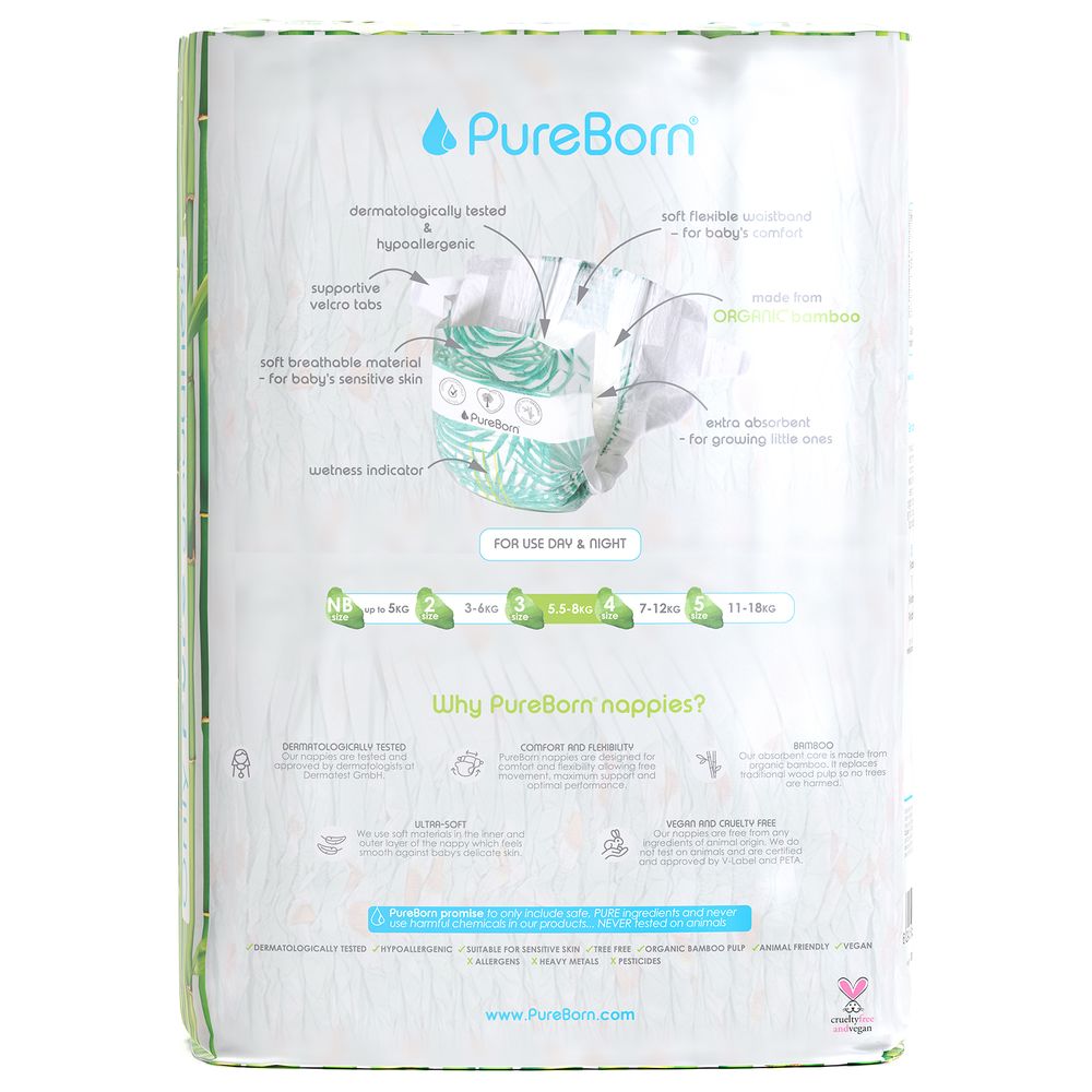 بيور بورن - حفاضات أطفال - حجم 3 - 5.5-8 كلغ - 56 حفاض - اقحوان