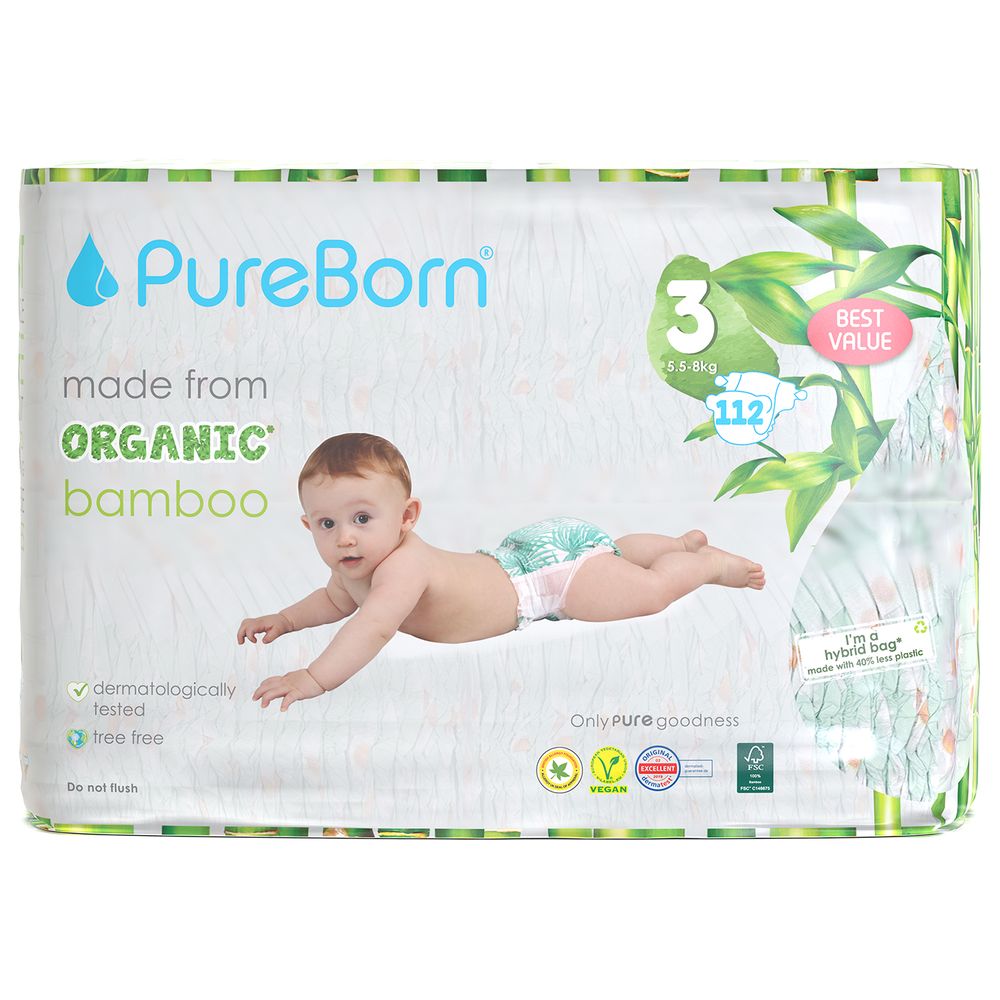 Pureborn Value Pack Nappies 5.5-8kg Size 3 - 112pcs - Daisy 