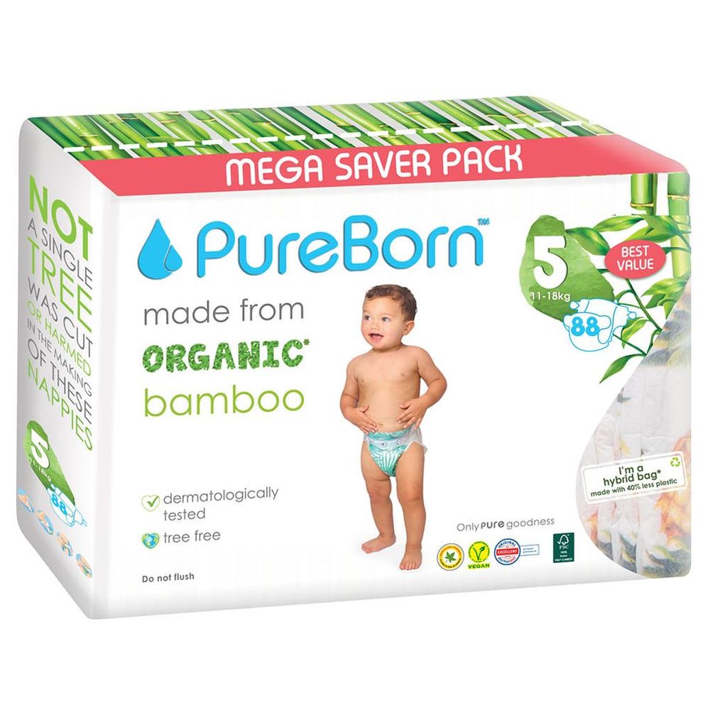 Pureborn - Organic Nappies - Size 5 - XL - 11-18 kg - 88 Count- Tropic print