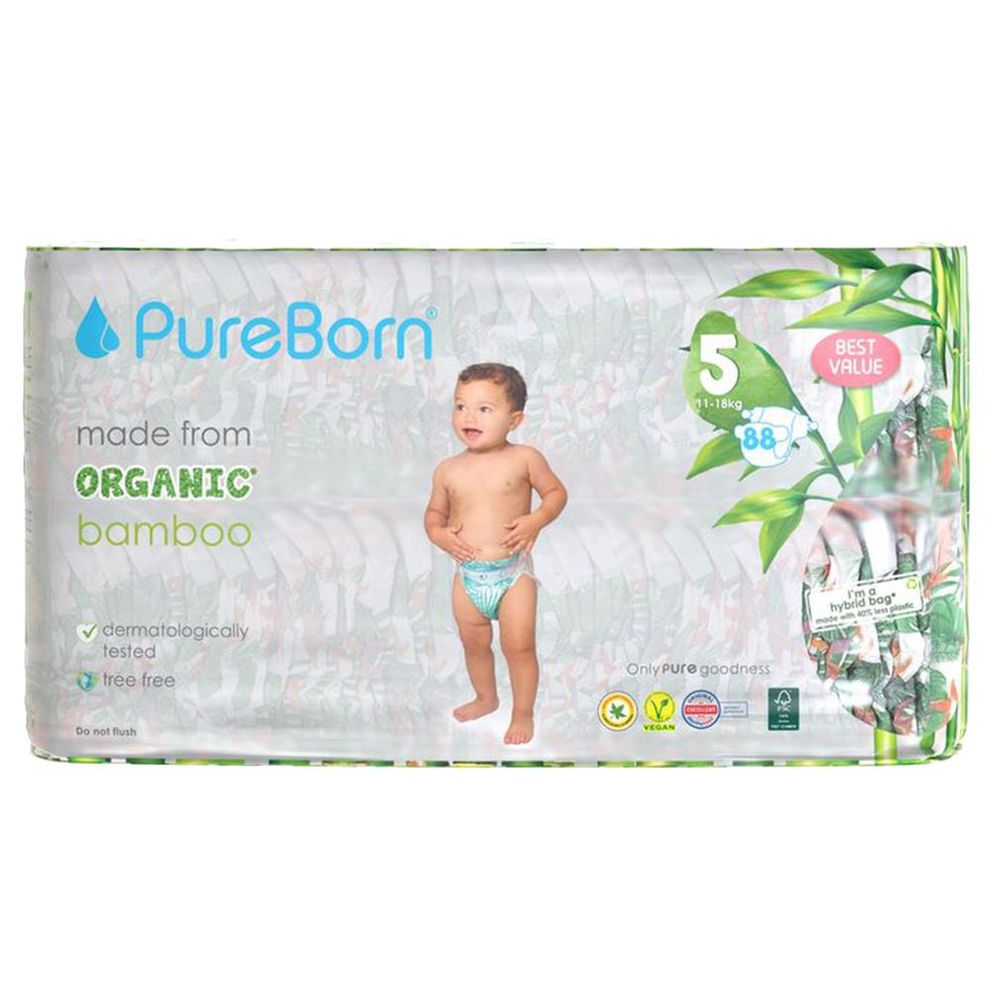 Pureborn - Organic Nappies - Size 5 - XL - 11-18 kg - 88 Count- Tropic print