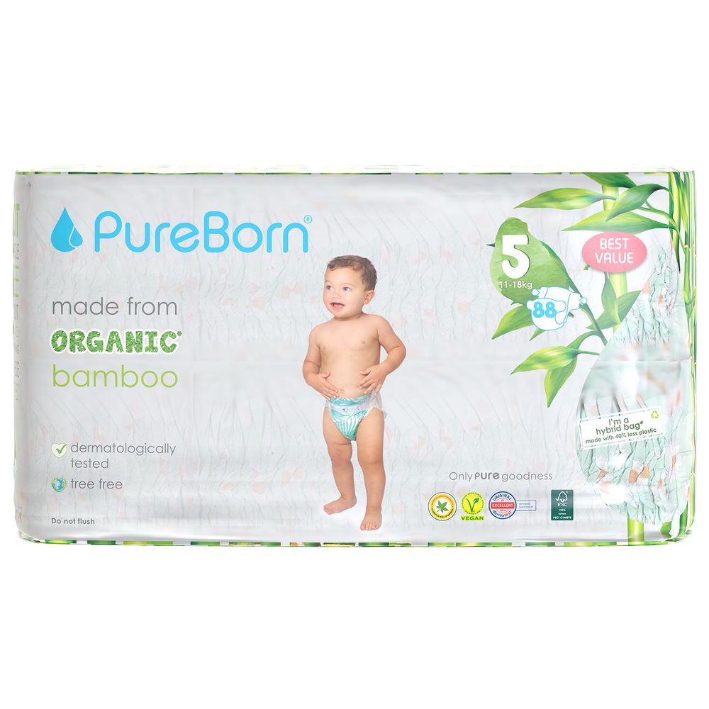 Pureborn Value Pack Nappies 11-18kg Size 5 - 88pcs - Daisy 