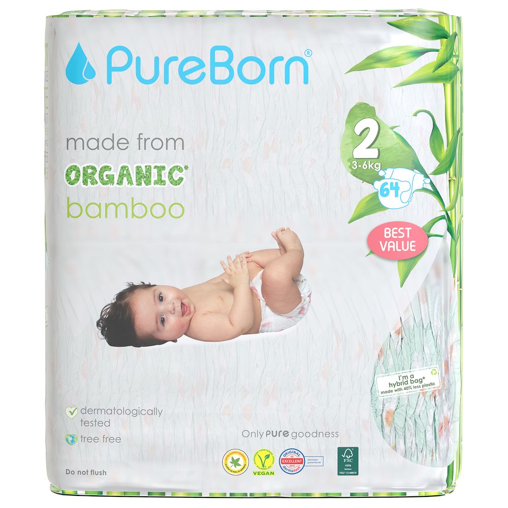 Pureborn - Value Pack Nappies 3-6kg Size 2 - 64pcs- Daisy